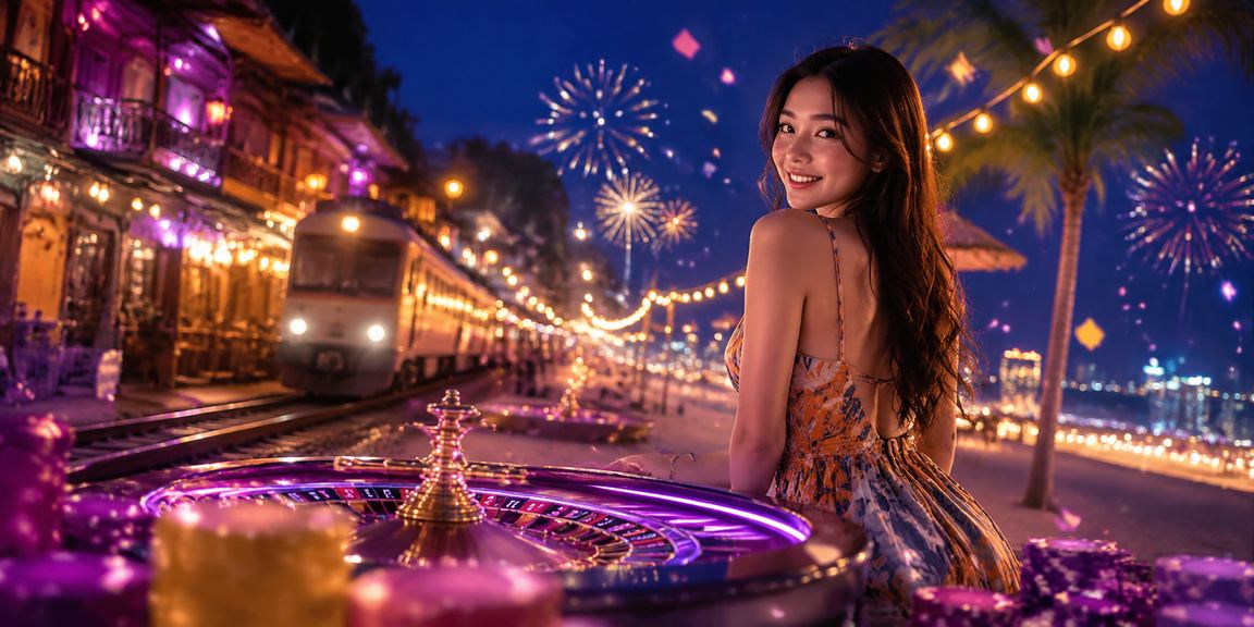 Bàn roulette neon rực rỡ tại sòng casino trực tuyến phong cách Hà Nội về đêm