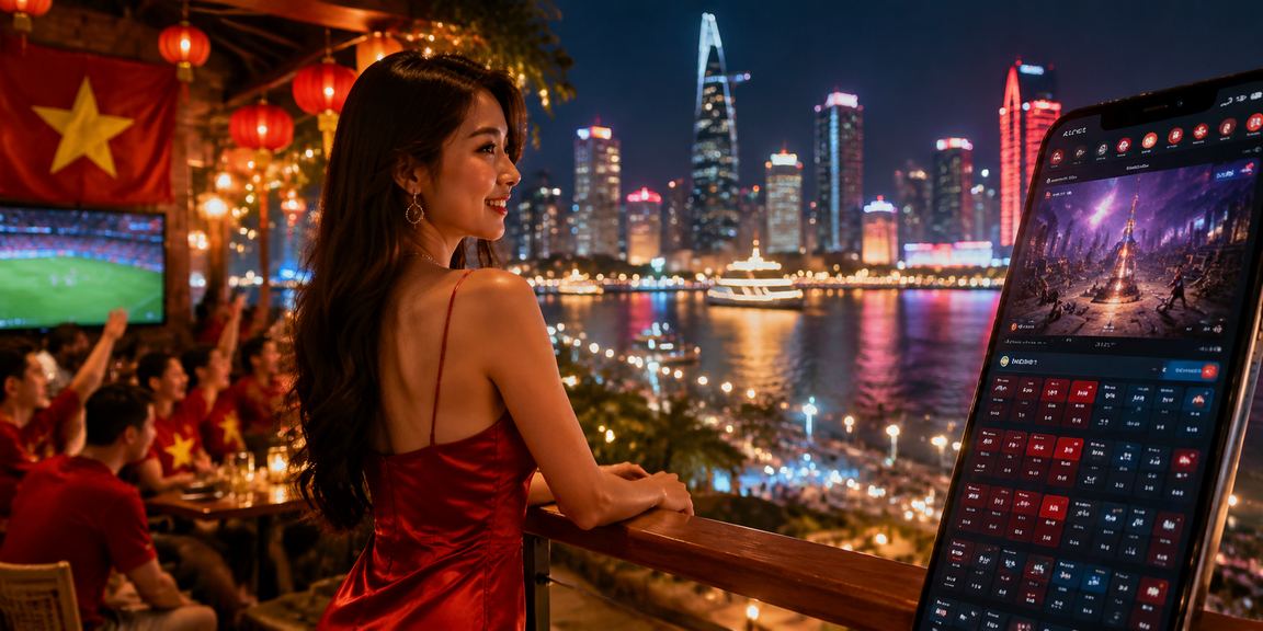 Không gian casino trực tuyến sôi động tại Vietnam với đèn neon rực rỡ